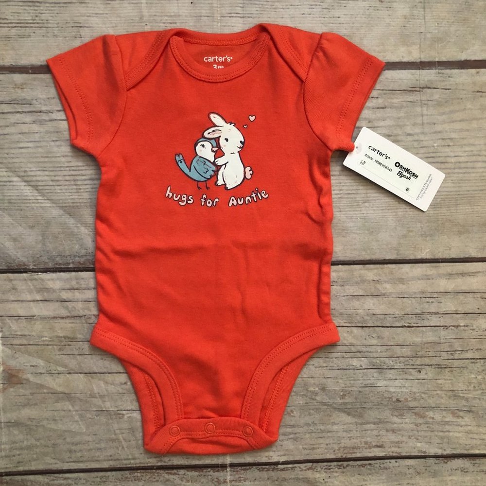 Carter's "Hugs for Auntie" Baby Girl Melon Colored Onesie, Size 3 Months, NWTs